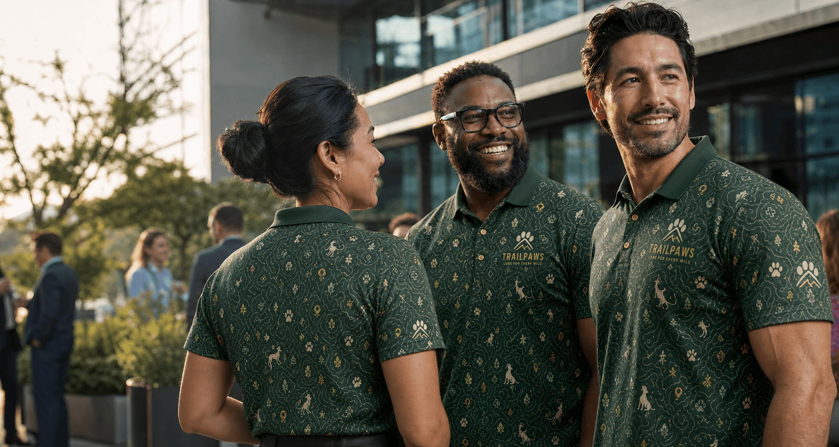 A professional team wearing TrailPaws custom all-over-print performance polos at an outdoor corporate event