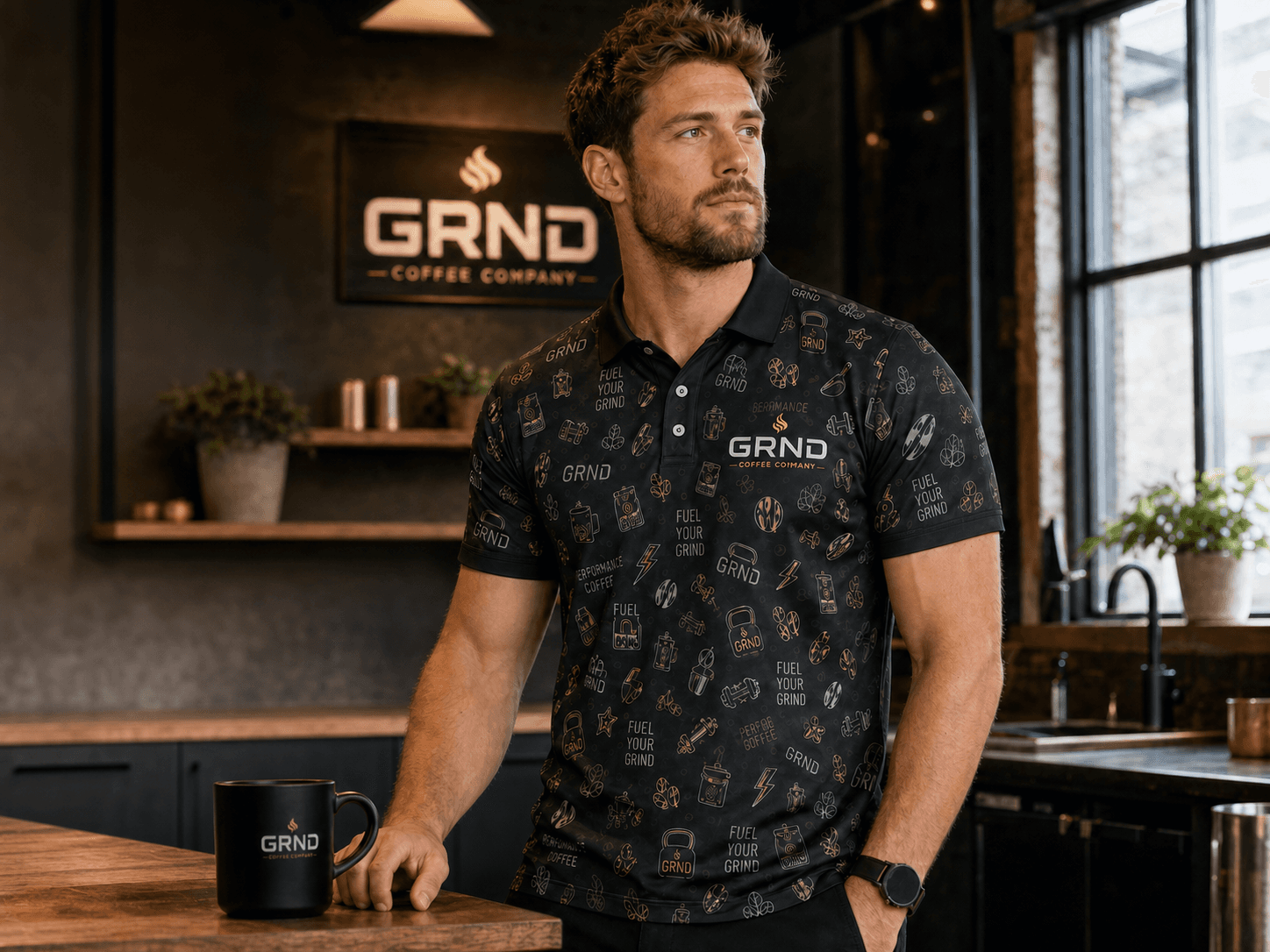 Model wearing the GRND Coffee Company black and gold custom performance polo in a coffee roastery